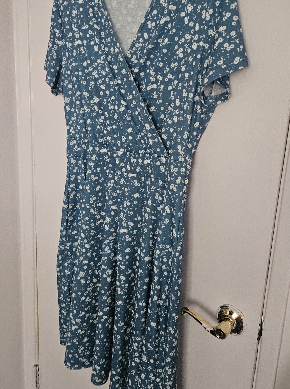 Light Blue  Ditzy Floral Wrap Midi Dress. Comfortable, Slimming Waist, Soft.